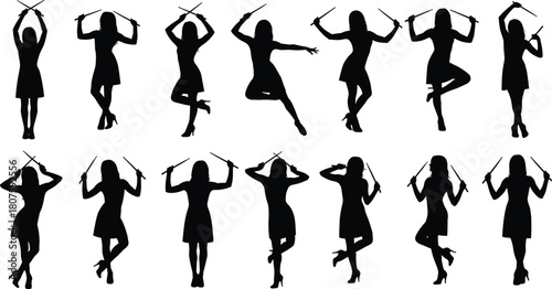 Female Drummer Silhouette Set Vector Illustration of Woman Holding Drumsticks and Performing Poses Isolated on White Background