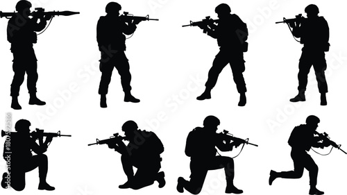 Military Soldier Silhouette Set Vector Illustration of Army Men Aiming Rifles and Rocket Launcher Isolated on White