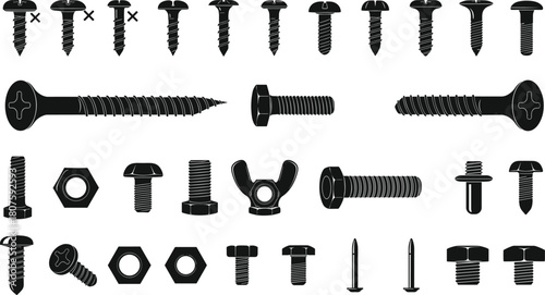 Screw and Bolt Silhouette Set Vector Illustration of Construction Fasteners Nuts and Nails Isolated on White Background