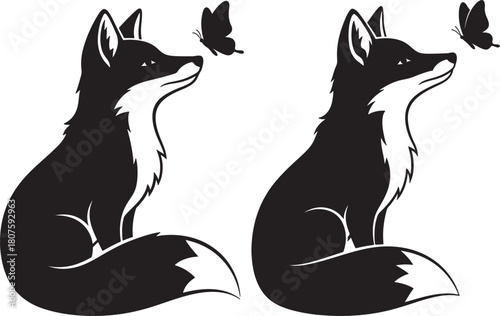 Two elegant fox silhouettes gazing upwards at delicate butterflies silhouette