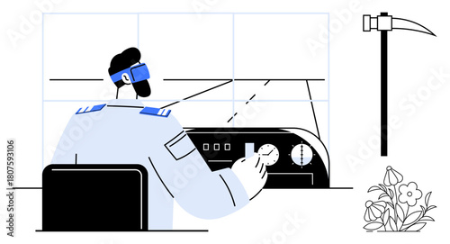 Pilot adjusting controls while wearing VR glasses. Nearby elements include a scythe and flowers. Ideal for aviation, VR, innovation, technology, professions, simulation training, futuristic concepts