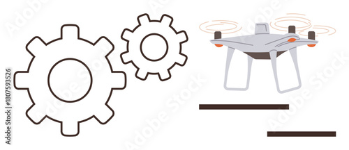 Drone flying near two interlocking gears, emphasizing automation, innovation, and technology. Ideal for engineering, robotics, industry, design processes, smart tech futuristic methods and modern