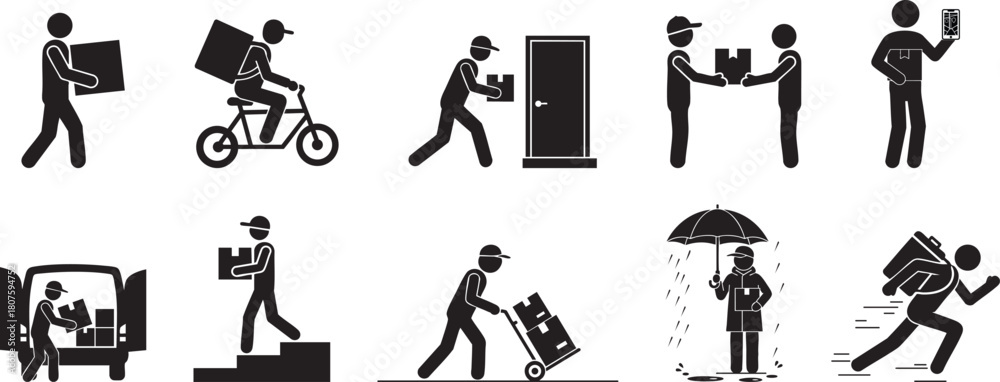 Obraz premium Delivery Man Stick Figure Icons Set – Courier, Parcel, Logistics, Fast Delivery, E-commerce Shipping Silhouette Pack