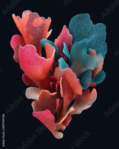 Abstract floral arrangement with coral and teal petals on a dark background.