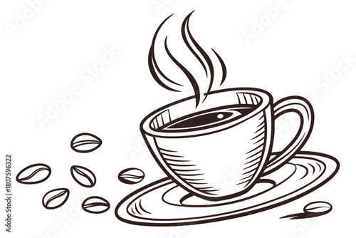 Hand- Drawn Sketch of a Steaming Cup of Coffee with Beans