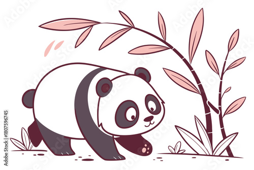 Adorable cartoon panda walking near bamboo plants bear