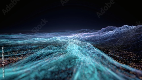 Abstract glowing wave landscape with dynamic light and dark contrast.