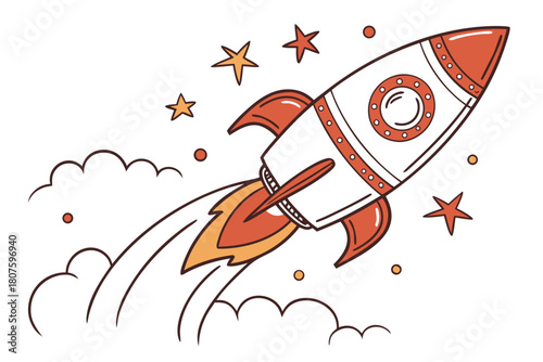 Cartoon rocket ship blasting off with stars and clouds