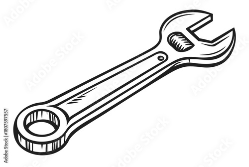 Adjustable wrench drawing with shading on white background
