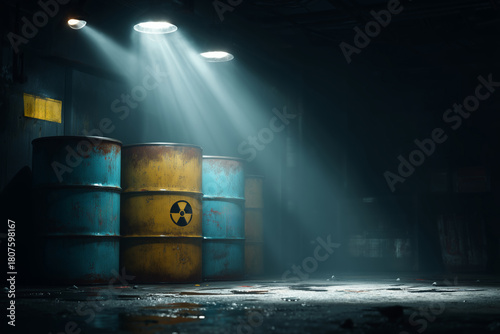 Rusty barrels of nuclear waste in a dimly lit storage facility