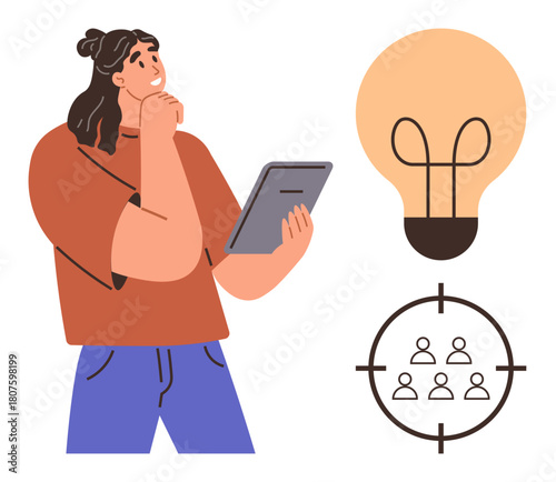 Woman thinking and holding a tablet alongside a glowing light bulb and a target representing people. Ideal for creativity, strategy, decision-making, planning, innovation, teamwork, brainstorming