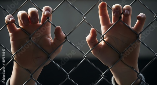 Hands Gripping Chain Link Fence grasping detention prison jail captivity freedom hope struggle barrier metal wire security protection