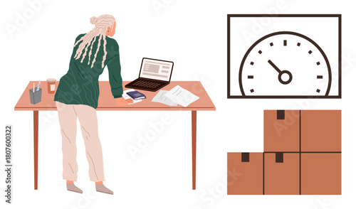 Individual examining shipment data on laptop. Storage boxes stacked nearby, gauge showing performance metrics. Ideal for productivity, logistics, efficiency, warehouse management, goal setting