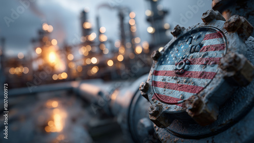 Valve in focus with blurred oil refinery in the background during twilight