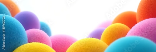 Vibrant and playful abstract background featuring a border of colorful, textured, fuzzy spheres or pom-poms yellow, pink, blue, purple, orange framing a central white copy space