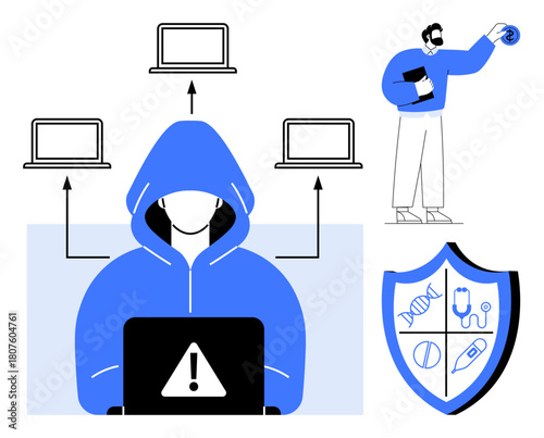 Hooded figure on laptop with alert sign, shield symbolizing protection, remote worker, data transfer between laptops. Ideal for digital security, hacking awareness, online safety, risk management