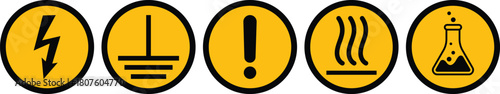 Warning hazard signs set: electrical hazard, grounding, general caution sign, hot surface hazard sign, chemical risk icons