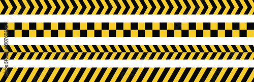 Set of danger construction tapes, yellow and black warning stripes with checked border vector illustration for warning