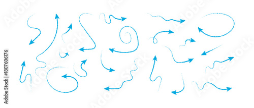 Collection of blue crayon scribble arrow vector icons. Abstract curved arrow line sign on white background