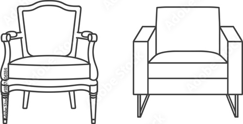 Vintage and modern armchair furniture line art collection, elegant chair outline icons for interior design and home decor projects, flat vector illustration