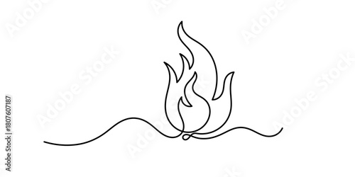 Continuous line drawing of Fire, flame. Fire flame icon isolated on white background. Camp Fire Energy and Power Concept. single line flaming symbol.