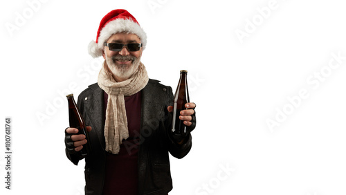 Smiling gray-bearded man in a Santa Claus hat and leather jacket holding bottles of beer. Png.