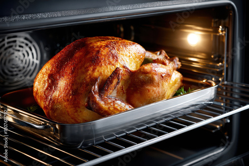 Roasted turkey cooking in oven with golden brown skin and herbs
