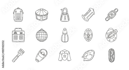 A diverse set of 15 line art icons dedicated to camping, outdoor survival, and adventure equipment. The collection features items like a radio, tent, padlock, lantern, compass, canteen, sleeping bag.