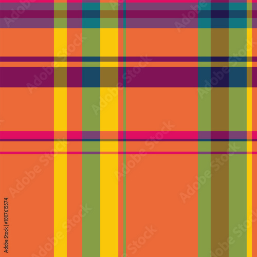 Worn background seamless texture, modern plaid fabric pattern. Net vector tartan textile check in orange and lime colors.