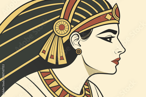 Vector portrait of Cleopatra in ancient Egyptian style with traditional headdress and detailed facial features