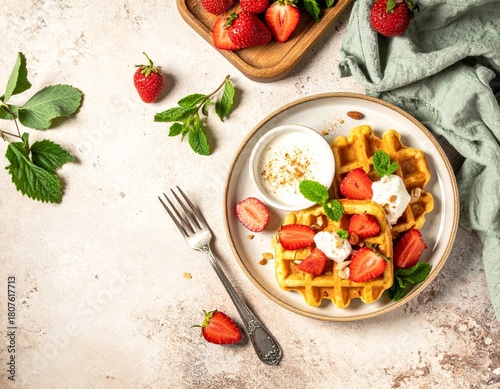 Golden waffles topped with strawberries, cream, mint, and almonds on a ceramic plate, surrounded by fresh berries, sauce, and rustic breakfast elements.