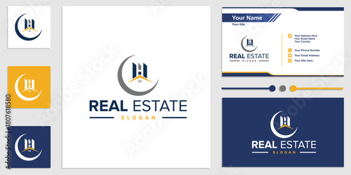 Architectural Real Estate Branding Modern Logo with Crescent Motif and Business Card Mockups for Property Development and Realty Services