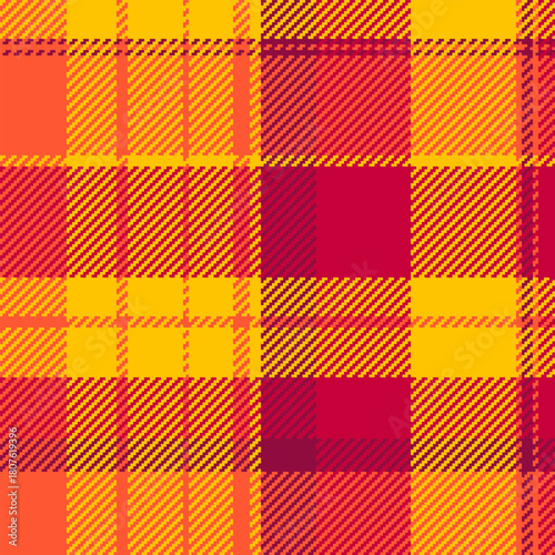 Warm, vibrant plaid pattern with textured weaves and geometric shapes. Ideal for backgrounds, textiles, or design elements needing a classic, colorful touch.