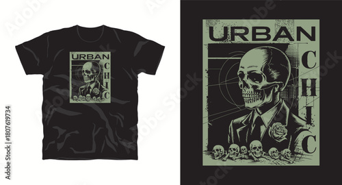 Urban chic skull in suit with skulls vector graphic on tshirt mockup