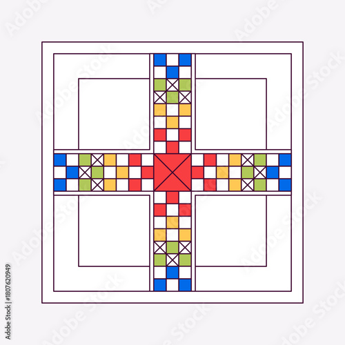 Vector illustration of Ludo board game. Colorful design. Classic family tabletop game for fun, strategy, and entertainment. Perfect for leisure and educational projects.