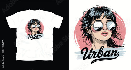 Woman illustration with sunglasses and urban text for fashion print