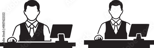 Two men at desks with computers silhouette