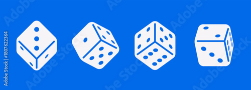 Vector illustration of falling D6 dice shown from different angles in flat style. Dynamic motion concept symbolizing luck, chance, and gaming. Perfect for casino, board games and entertainment design.