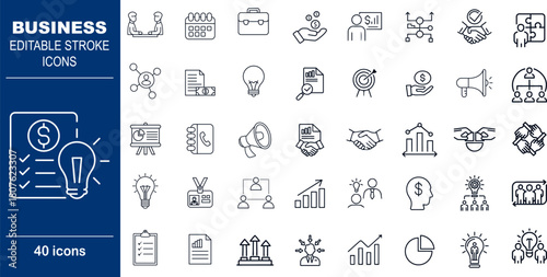 Business and Finance Management Vector Icons. Set of 40 editable stroke symbols for corporate strategy, growth, and analytics. Includes growth charts, handshake, and strategic planning