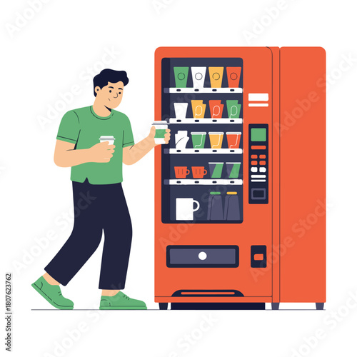 Man buying a drink from a vending machine isolated on