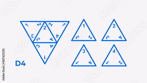 Vector illustration of D4 dice showing all sides and unfolded layout. Four-sided tetrahedron shape for tabletop, RPG, and board gaming design projects.