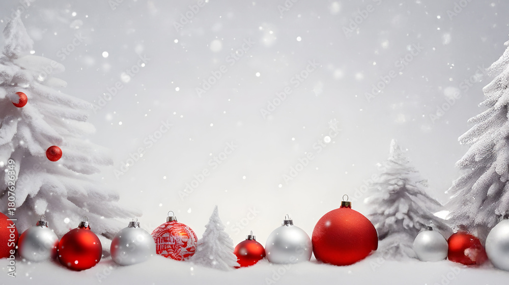 Obraz premium Red Christmas balls in a row with white trees covered with snow and snowfall on abstract background in winter. Horizontal composition.