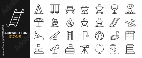 Black Outline Icon Set Featuring Backyard Games and Recreational Items