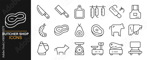Simple Line Icons Showing Butcher Tools and Fresh Meat Items