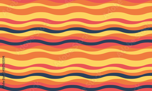 Vibrant wavy stripes in warm sunset hues create a cheerful, retroinspired pattern. Perfect for textile designs, website backgrounds, or any project needing a playful, optimistic feel.