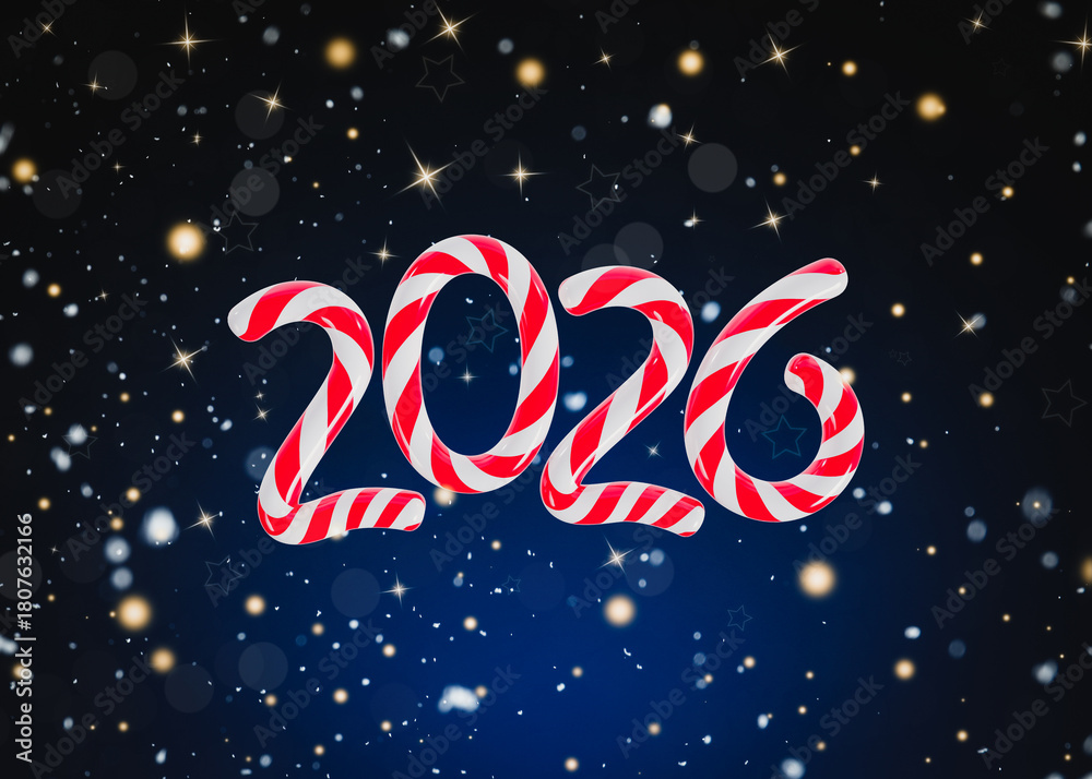 Naklejka premium Happy New Year greeting card. 2026 numbers made of candy canes, snow and magic lights on dark background