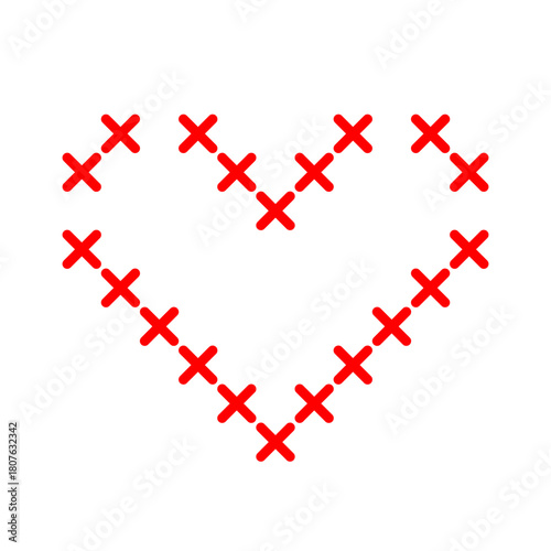 Red Cross Stitch Heart Graphic. Simple Embroidery Pattern Love Symbol