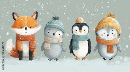 Cute winter animal pack with baby fox, baby penguin, and baby owl in a snowy landscape, adorable tiny wildlife illustrations for seasonal designs
