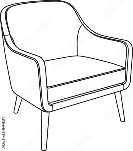 Modern upholstered armchair minimal line art, contemporary furniture outline drawing, elegant interior seating design, home decor element illustration