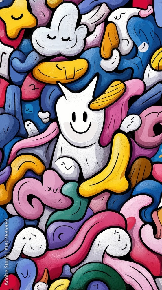 Obraz premium A vibrant and playful abstract doodle pattern filled with various cartoonish shapes and characters in bright colors.